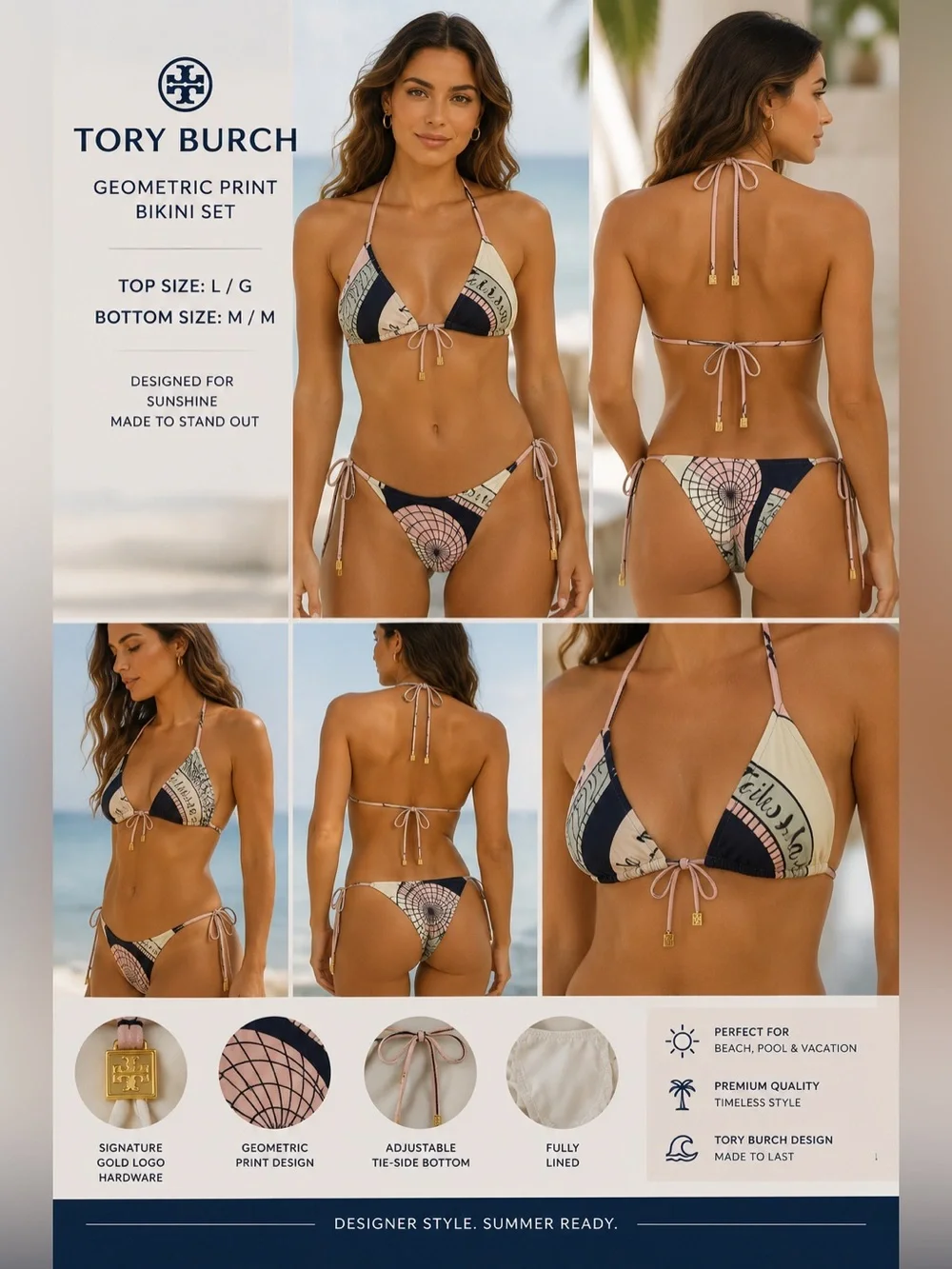 Tory Burch Geometric Print Triangle Bikini Set Top L Bottom M Pink Navy Designer